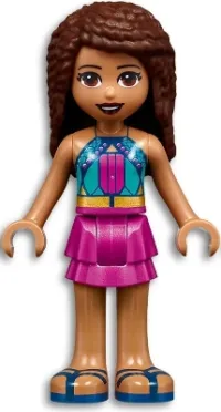 LEGO Friends Andrea, Dark Turquoise Halter Top with Magenta Stripes and Dots, Magenta Skirt minifigure