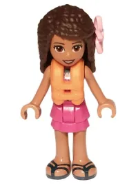 LEGO Friends Andrea, Dark Turquoise Halter Top, Magenta Skirt, Orange Life Jacket, Bright Pink Flower minifigure