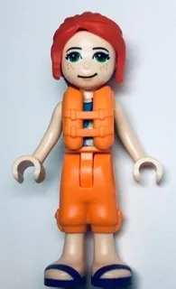 LEGO Friends Mia, Lime Jacket Vest with Pockets, Orange Trousers Cropped, Dark Purple Sandals, Orange Life Jacket minifigure