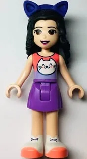 LEGO Friends Emma, Coral and Lavender Top with Cat Head, Medium Lavender Skirt, White Shoes, Dark Purple Cat Ears minifigure