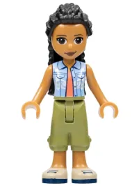 LEGO Friends Dr. Makena, Olive Green Trousers, Tan Shoes, Bright Light Blue Vest over Coral Shirt minifigure