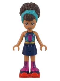 LEGO Friends Andrea, Dark Turquoise Halter Top, Dark Blue Skirt with Magenta Boots, Dark Turquoise Head Wrap, Red Roller Skates minifigure