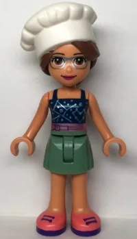 LEGO Friends Olivia, Sand Green Skirt, Dark Blue Top with Metallic Pink Belt, White Chef Toque with Hair minifigure