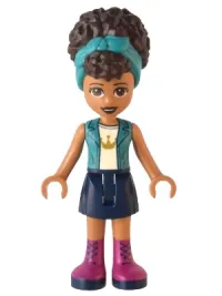 LEGO Friends Andrea, Dark Turquoise Jacket over White Top with Crown, Dark Blue Skirt with Magenta Boots, Dark Turquoise Head Wrap minifigure