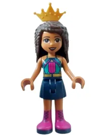 LEGO Friends Andrea - Dark Turquoise Halter Top with Magenta Stripes and Dots, Dark Blue Skirt with Magenta Boots, Pearl Gold Tiara minifigure