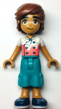 LEGO Friends Leo - White and Coral Chef Shirt with Sprinkles, Dark Turquoise Trousers Cropped Large Pockets, Dark Blue Shoes minifigure