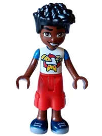 LEGO Friends Zac - White and Blue Shirt with Pizza and Game Controller, Red Trousers Cropped Large Pockets, Dark Blue Shoes minifigure