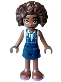 LEGO Friends Aliya - Dark Blue Gym Slip Top over White Blouse, Dark Blue Skirt, Metallic Pink Sandals minifigure