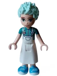 LEGO Friends Charli - White Apron Top over Dark Turquoise Shirt, White Skirt Long, Medium Blue Shoes minifigure