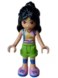 LEGO Friends Liann - Bright Pink, Yellow, Blue, and White Tank Top, Lime Shorts, Blue Kneepads, Bright Pink Shoes minifigure