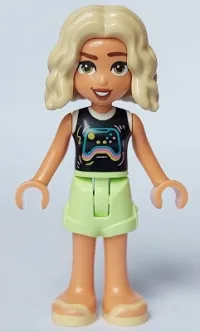 LEGO Friends Nova - Black and White Shirt with Video Game Controller, Yellowish Green Shorts, Bright Light Yellow Sandals minifigure
