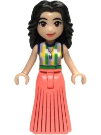 LEGO Friends Emma (Adult) - Pleated Coral Skirt, Dark Blue, Medium Lavender, Yellow, Green, and White Top minifigure