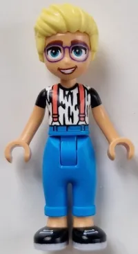 LEGO Friends Olly - White Shirt with Black Stripes, Coral Suspenders, Dark Azure Trousers, Black Shoes minifigure