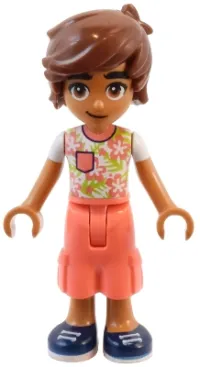 LEGO Friends Leo - White Shirt with Coral Flowers, Coral Trousers Cropped Large Pockets, Dark Blue Shoes minifigure