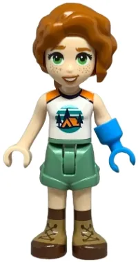 LEGO Friends Autumn - White and Orange Sleeveless Top with Tent, Sand Green Shorts, Nougat and Reddish Brown Boots, Prosthetic Hand minifigure