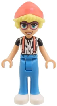 LEGO Friends Olly - White Shirt with Black Stripes, Coral Suspenders, Dark Azure Trousers, White Shoes, Coral Hat minifigure