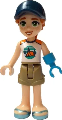 LEGO Friends Autumn - White and Orange Sleeveless Top with Tent, Dark Tan Shorts, Metallic Light Blue Sandals, Prosthetic Hand minifigure