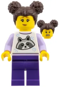 LEGO Woman - Dark Brown Buns, Raccoon Shirt, Dark Purple Legs minifigure