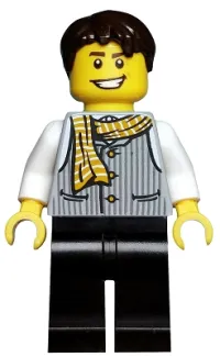 LEGO Striped Vest with Yellow Striped Scarf, Black Legs, Dark Brown Tousled Hair minifigure