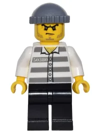 LEGO Police - Jail Prisoner 50380 Prison Stripes, Black Legs, Dark Bluish Gray Knit Cap, Beard Stubble and Scowl minifigure
