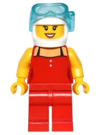 LEGO Red Female Top with 2 White Buttons and Black Straps, Red Legs, White Helmet, Scuba Mask, Peach Lips, Open Mouth Smile minifigure
