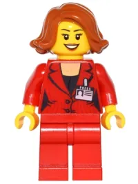 LEGO Press Woman / Reporter - Red Legs, Dark Orange Female Hair Short Swept Sideways, Peach Lips, Open Mouth Smile minifigure