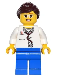 LEGO Doctor - Lab Coat Stethoscope and Thermometer, Blue Legs, Dark Brown Ponytail and Swept Sideways Fringe, Glasses and Smile minifigure