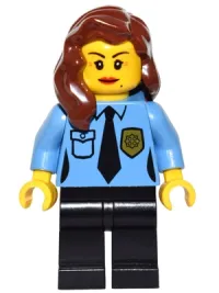 LEGO Police - Female Officer, Black Legs, Reddish Brown Hair Mid-Length with Part over Right Shoulder, Crow's Feet and Beauty Mark minifigure