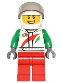 LEGO Octan - Jacket with Red and Green Stripe, Red Legs, White Helmet, Trans-Black Visor, Crooked Smile and Laugh Lines minifigure