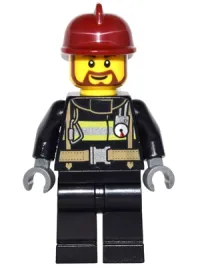 LEGO Fire - Reflective Stripes with Utility Belt, Black Legs, Dark Red Fire Helmet, Brown Beard Rounded minifigure