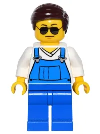 LEGO Overalls Blue over V-Neck Shirt, Blue Legs, Dark Brown Smooth Hair, Black and Silver Sunglasses, Black Eyebrows minifigure