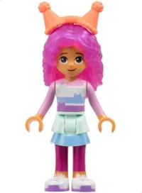 LEGO Gabby - Striped Shirt, Layered Skirt over Magenta Leggings, Satin Trans-Dark Pink Hair, Coral Party Hats minifigure