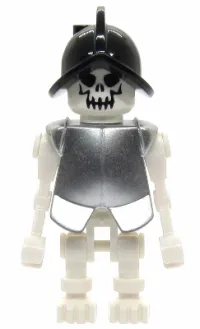 LEGO Skeleton, Fantasy Era Torso with Evil Skull, Black Conquistador Helmet, Metallic Silver Armor minifigure