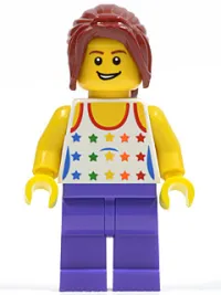 LEGO Shirt with Female Rainbow Stars Pattern, Dark Purple Legs, Dark Red Hair Ponytail Long with Side Bangs minifigure