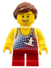 LEGO Tank Top with Surfer Silhouette, Red Short Legs, Reddish Brown Ponytail and Swept Sideways Fringe minifigure