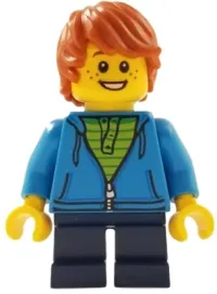 LEGO Boy, Dark Azure Hoodie with Green Striped Shirt, Dark Blue Short Legs, Freckles, Dark Orange Hair minifigure