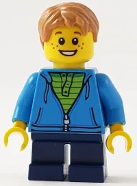 LEGO Boy, Dark Azure Hoodie with Green Striped Shirt, Dark Blue Short Legs, Freckles, Medium Nougat Hair minifigure