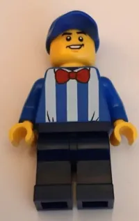 LEGO Newsstand Worker, Blue Cap, Striped Shirt, Red Bow Tie minifigure