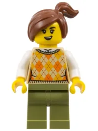 LEGO Corner Kiosk Customer - Female, Tan Knit Argyle Sweater Vest, Olive Green Legs, Reddish Brown Side Ponytail set