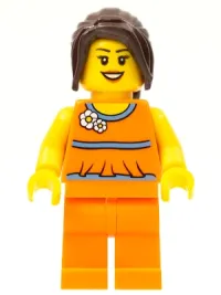 LEGO Orange Halter Top with Medium Blue Trim and Flowers Pattern, Orange Legs, Dark Brown Hair Ponytail Long with Side Bangs minifigure