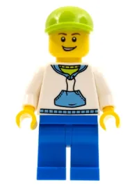 LEGO White Hoodie with Blue Pockets, Blue Legs, Lime Short Bill Cap minifigure