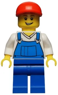 LEGO Overalls Blue over V-Neck Shirt, Blue Legs, Red Short Bill Cap, Open Grin minifigure