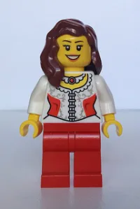 LEGO White Lace Blouse with Red Side Panels and Ruby Necklace, Red Legs, Reddish Brown Female Hair over Shoulder, Black Eyebrows minifigure