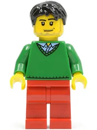 LEGO Green V-Neck Sweater, Red Legs, Black Short Tousled Hair, Smirk and Stubble Beard minifigure
