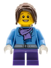 LEGO Medium Blue Jacket with Light Purple Scarf, Dark Purple Short Legs, Dark Brown Hair Ponytail Long with Side Bangs minifigure