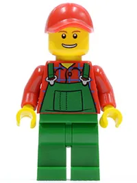LEGO Overalls Farmer Green, Red Cap with Hole, Open Grin minifigure