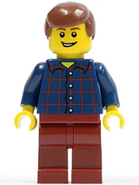 LEGO Plaid Button Shirt, Dark Red Legs, Reddish Brown Male Hair, Lopsided Grin with Teeth minifigure