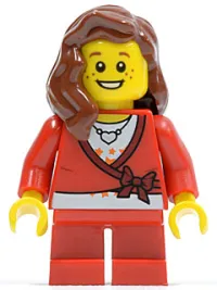 LEGO Sweater Cropped with Bow, Heart Necklace, Red Short Legs, Reddish Brown Female Hair over Shoulder minifigure