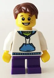 LEGO White Hoodie with Blue Pockets, Dark Purple Short Legs, Reddish Brown Hair minifigure