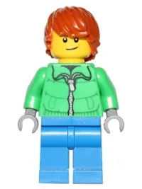 LEGO Winter Jacket Zipper, Blue Legs, Dark Orange Hair, Crooked Smile minifigure